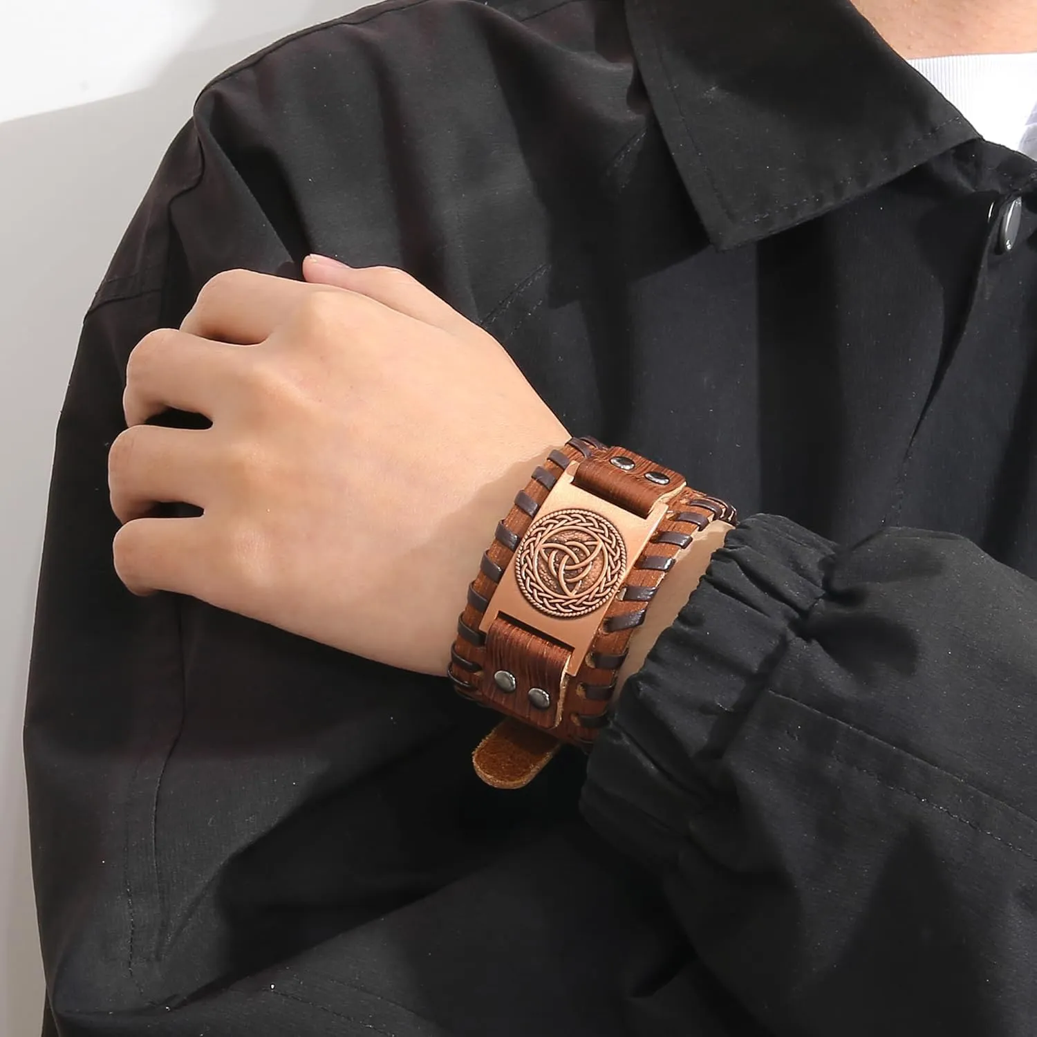 GelConnie Viking Bracelet Punk Leather Cuff Bracelet Gothic Leather Wristband Bracelet with Nordic Amulet Scandinavian Talisman Celtic Pagan Jewelry