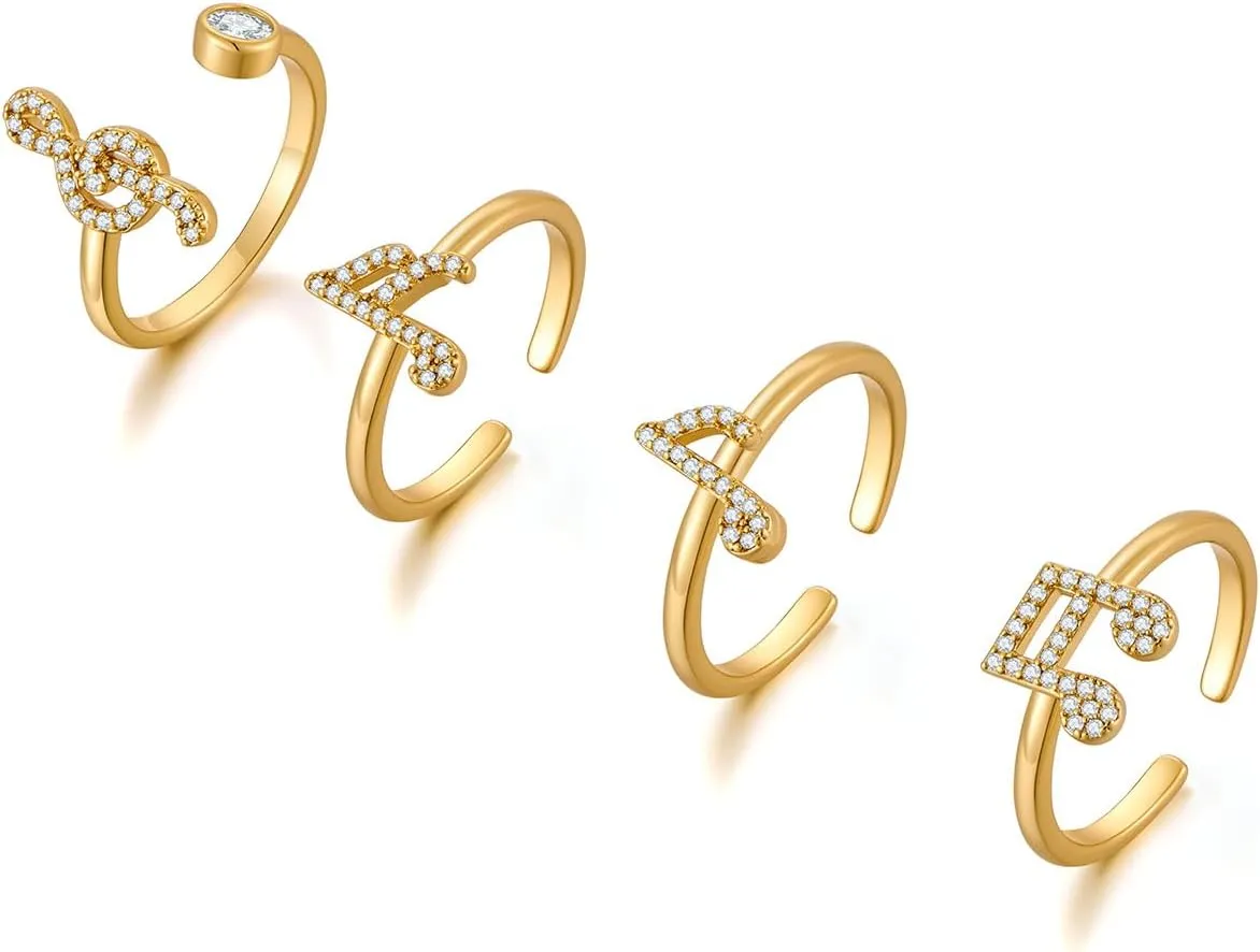 Gold Music Adjustable Rings Set for Women Chunky Gold Plated Treble Clef Music Note Open Jewelry Gifts for Music Lovers