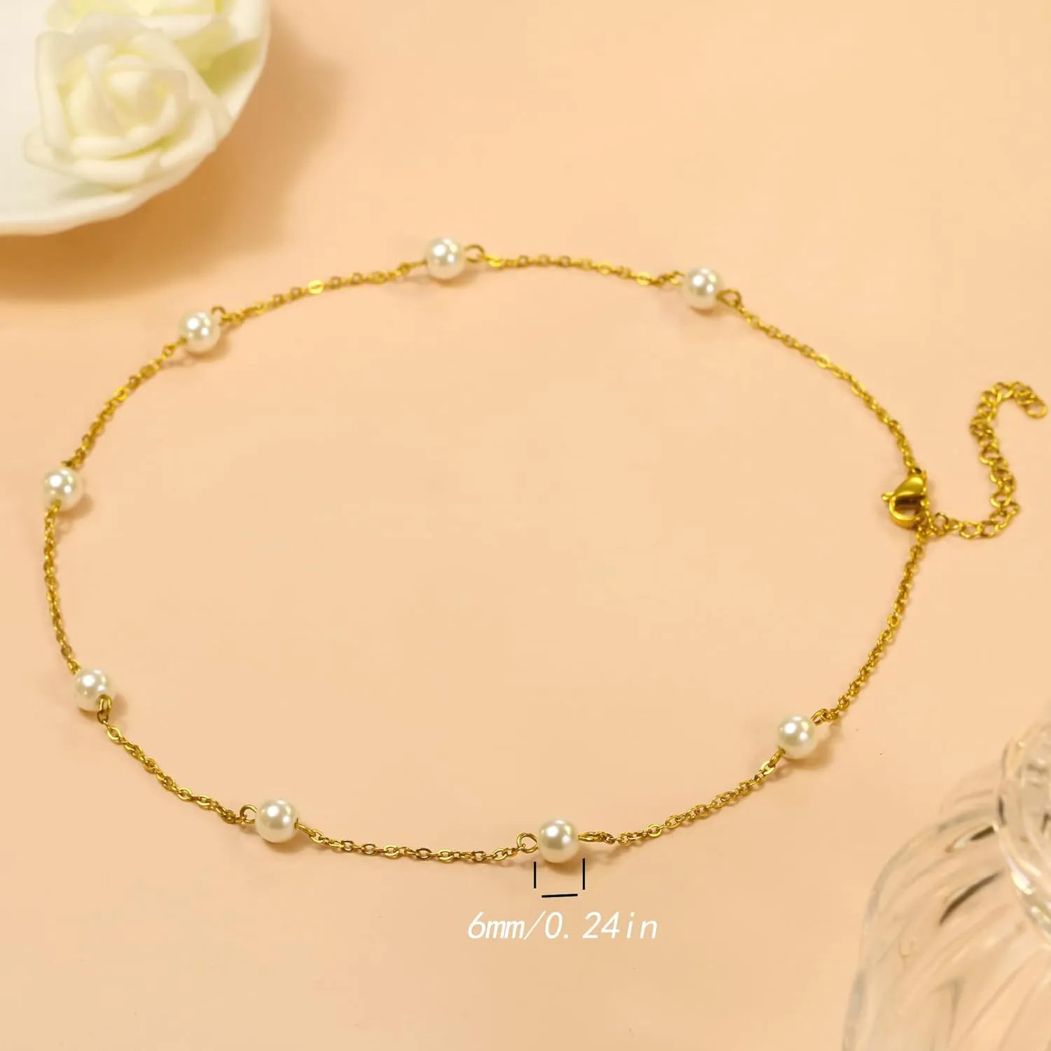 Gold Pearl Necklace, 6 MM Pearl Choker Necklace 15'' Pearl Necklaces for Women Dainty Choker Pearl Strands Jewelry Wedding Bride Bridesmaid Gifts Wedding Birthday Summer Beach Accessories