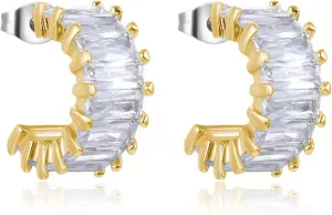 Gold Plated Emerald Cut Cubic Zirconia Half Hoop Earrings, Split Hoop Huggie Earrings for Women