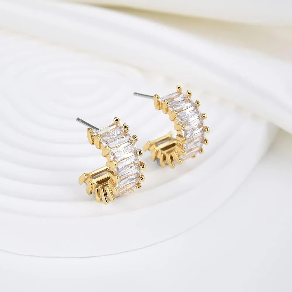 Gold Plated Emerald Cut Cubic Zirconia Half Hoop Earrings, Split Hoop Huggie Earrings for Women