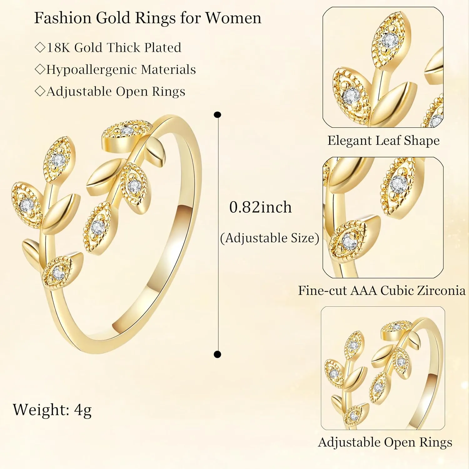 Gold Rings for Women Non Tarnish, 18K Gold Plated Trendy Stackable Gold Rings, Adjustable Open Statement Rings with Cubic Zirconia