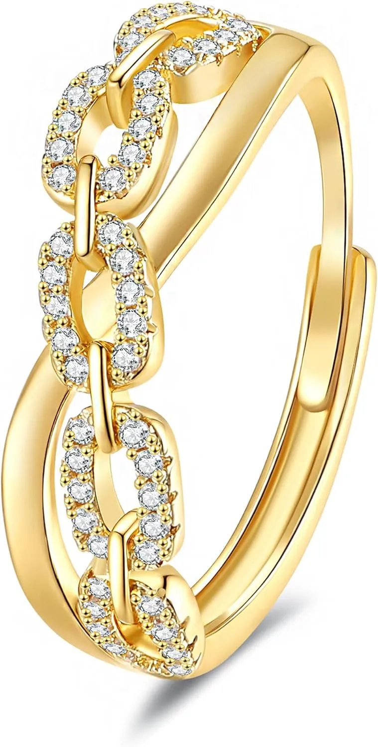Gold Rings for Women Non Tarnish, 18K Gold Plated Trendy Stackable Gold Rings, Adjustable Open Statement Rings with Cubic Zirconia