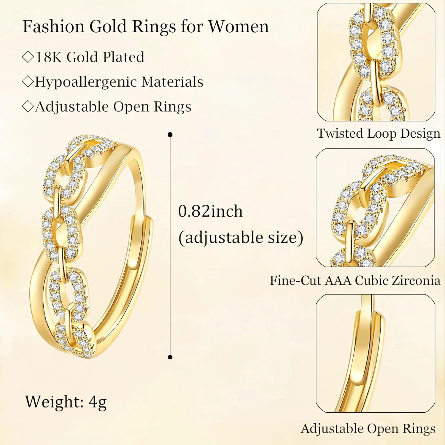 Gold Rings for Women Non Tarnish, 18K Gold Plated Trendy Stackable Gold Rings, Adjustable Open Statement Rings with Cubic Zirconia