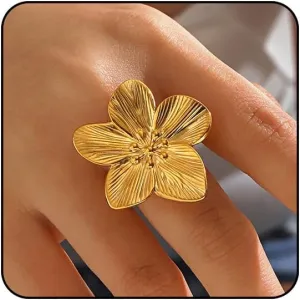 Gold Rings for Women Non Tarnish Flower Rings for Women Stainless Steel Rings Adjustable Statement Rings Big Flower Chunky Silver Rings