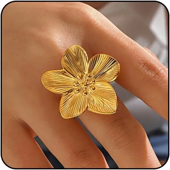 Gold Rings for Women Non Tarnish Flower Rings for Women Stainless Steel Rings Adjustable Statement Rings Big Flower Chunky Silver Rings