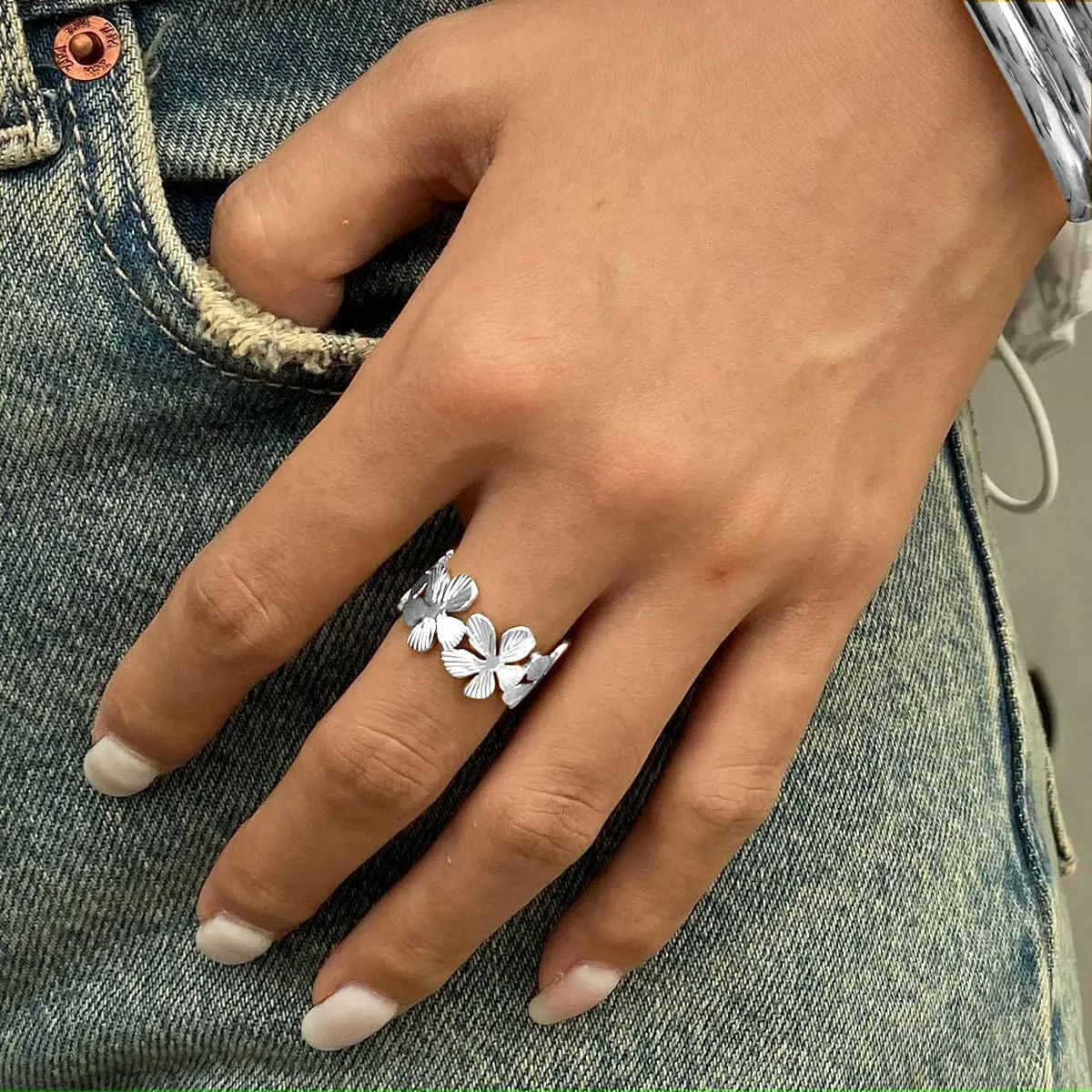 Gold Rings for Women Non Tarnish Flower Rings for Women Stainless Steel Rings Adjustable Statement Rings Big Flower Chunky Silver Rings