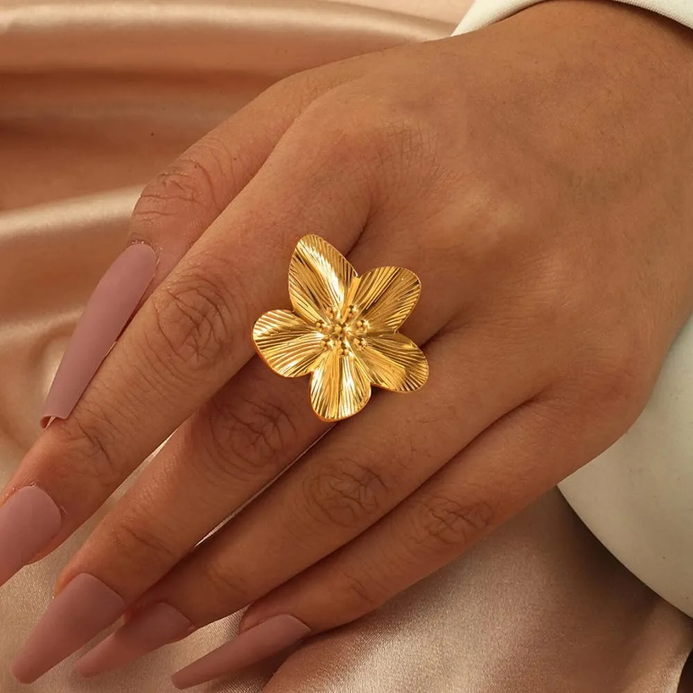 Gold Rings for Women Non Tarnish Flower Rings for Women Stainless Steel Rings Adjustable Statement Rings Big Flower Chunky Silver Rings