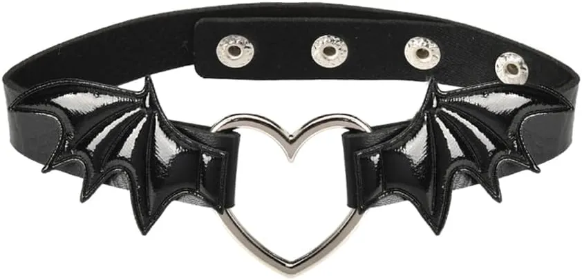 Gothic Black Leather Bat Wing Heart Choker Collar Necklace - Adjustable Goth Bat Halloween Costume Accessory for Women
