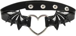 Gothic Black Leather Bat Wing Heart Choker Collar Necklace - Adjustable Goth Bat Halloween Costume Accessory for Women