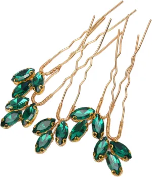 Green Rhinestone Hair Pin Vintage Lightweight Exquisite Hair Jewelry for Bride Bridesmaid - 5pcs for Wedding Prom, Green Rhinestone Material