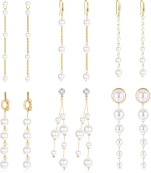 HAIAISO 6 Pairs Long Pearl Earrings for Women - 14K Gold Plated Tassel Drop Dangle Threader Earrings - Jewelry Gifts
