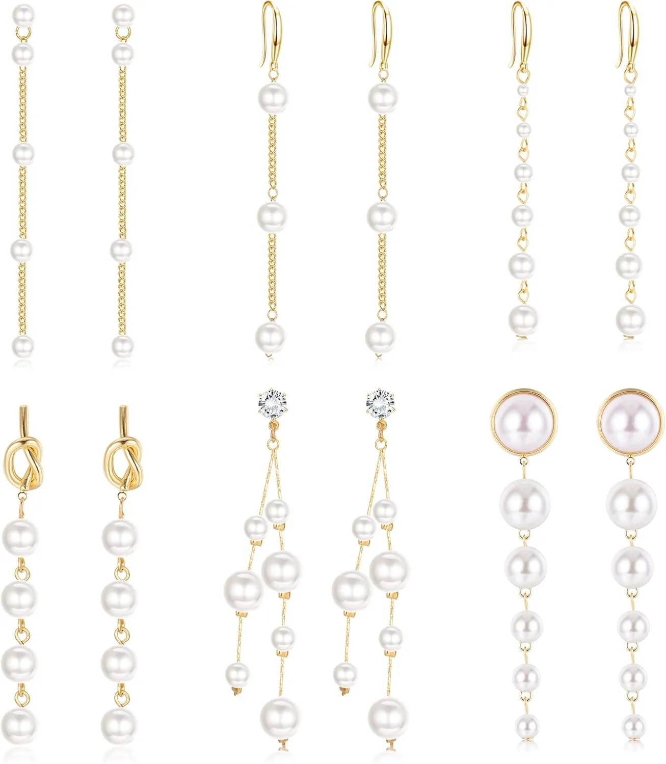 HAIAISO 6 Pairs Long Pearl Earrings for Women - 14K Gold Plated Tassel Drop Dangle Threader Earrings - Jewelry Gifts