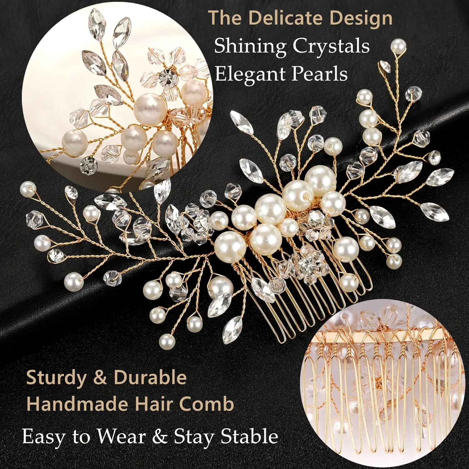 Hair Comb and 4 Pins Bridal Hair Accessories, Pearl Crystal Rhinestone Wedding Hair Comb and Hair Pins for Brides Bridesmaids Women Girls (Gold, 5 Pieces)