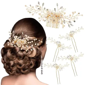 Hair Comb and 4 Pins Bridal Hair Accessories, Pearl Crystal Rhinestone Wedding Hair Comb and Hair Pins for Brides Bridesmaids Women Girls (Gold, 5 Pieces)