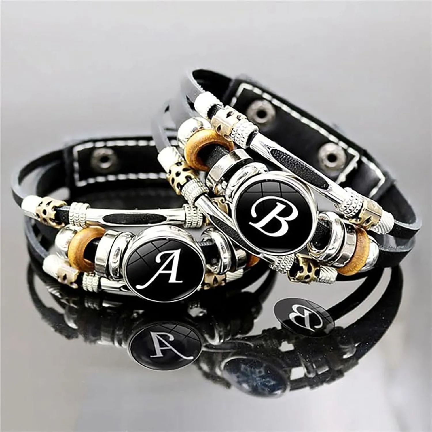 Handmade 26 Letter Leather Bracelet, 2025 New Black Leather Initial Bracelet, Boho Multilayer Braided Bangle with Letter Pattern, Personalized Bracelets for Women Men (B,one size)