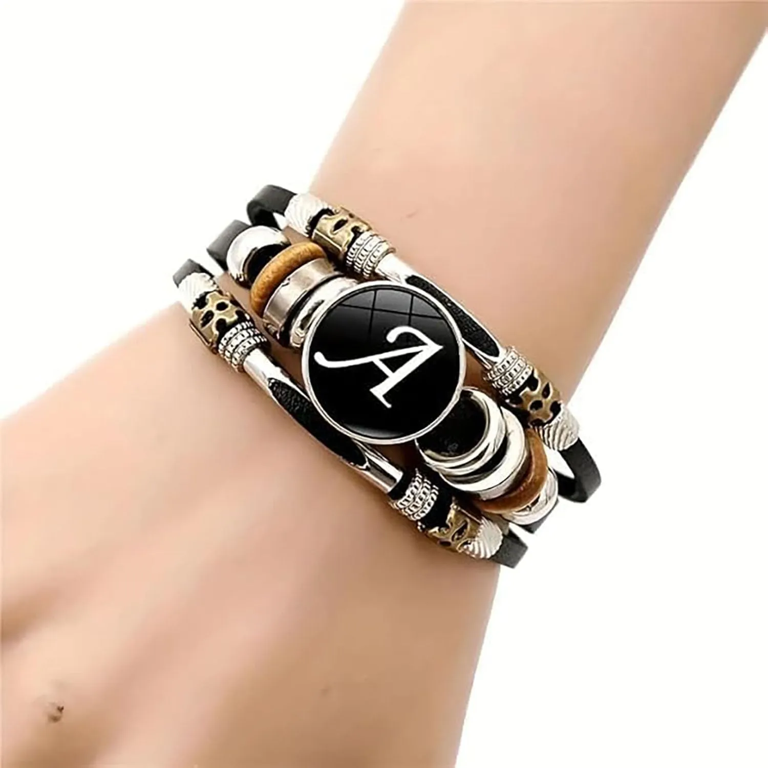 Handmade 26 Letter Leather Bracelet, 2025 New Black Leather Initial Bracelet, Boho Multilayer Braided Bangle with Letter Pattern, Personalized Bracelets for Women Men (B,one size)