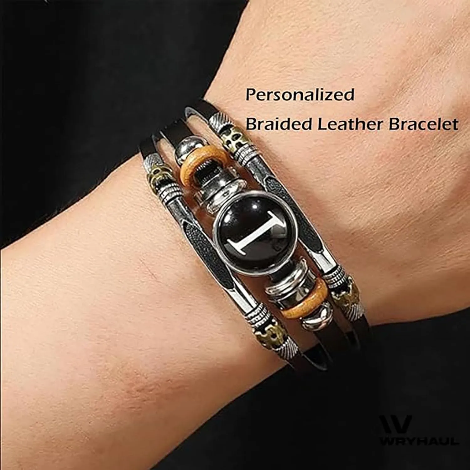 Handmade 26 Letter Leather Bracelet, 2025 New Black Leather Initial Bracelet, Boho Multilayer Braided Bangle with Letter Pattern, Personalized Bracelets for Women Men (B,one size)
