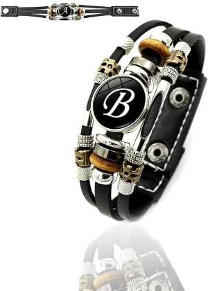 Handmade 26 Letter Leather Bracelet, 2025 New Black Leather Initial Bracelet, Boho Multilayer Braided Bangle with Letter Pattern, Personalized Bracelets for Women Men (B,one size)