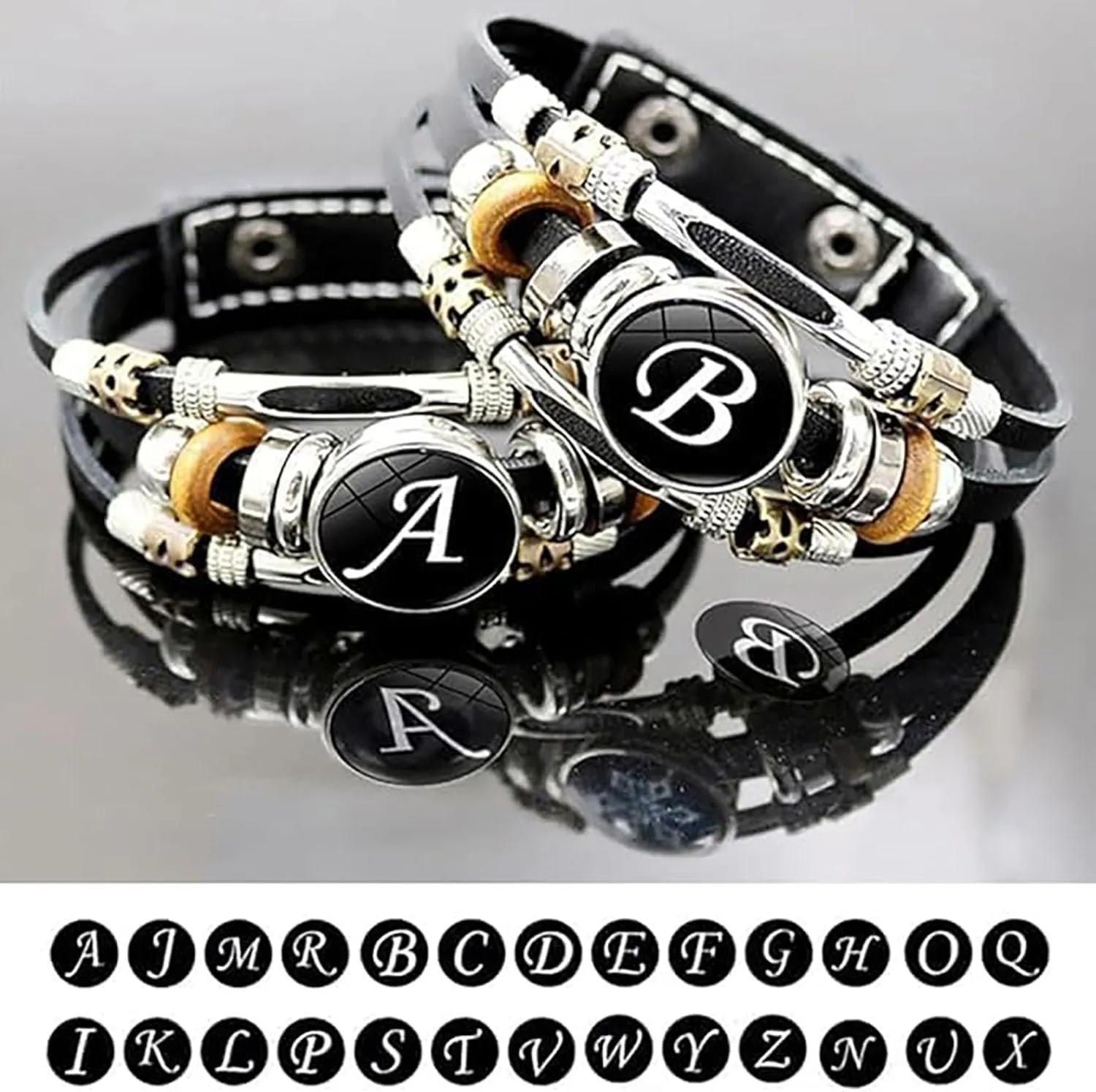 Handmade 26 Letter Leather Bracelet, 2025 New Black Leather Initial Bracelet, Boho Multilayer Braided Bangle with Letter Pattern, Personalized Bracelets for Women Men (B,one size)
