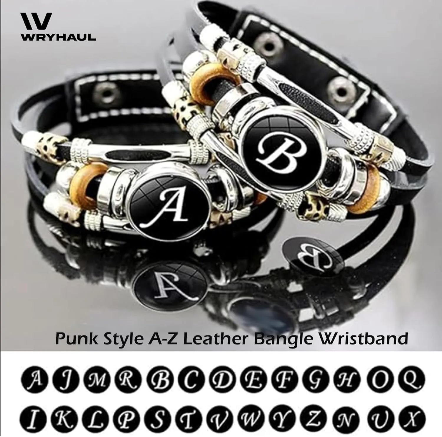 Handmade 26 Letter Leather Bracelet, Black Leather Initial Bracelet with Matching A-Z Letter Pattern, Boho Multilayer Braided Bangle, Personalized Braided Leather Bracelet (M)