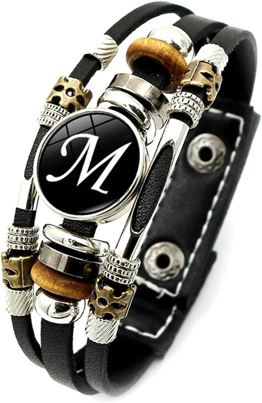 Handmade 26 Letter Leather Bracelet, Black Leather Initial Bracelet with Matching A-Z Letter Pattern, Boho Multilayer Braided Bangle, Personalized Braided Leather Bracelet (M)
