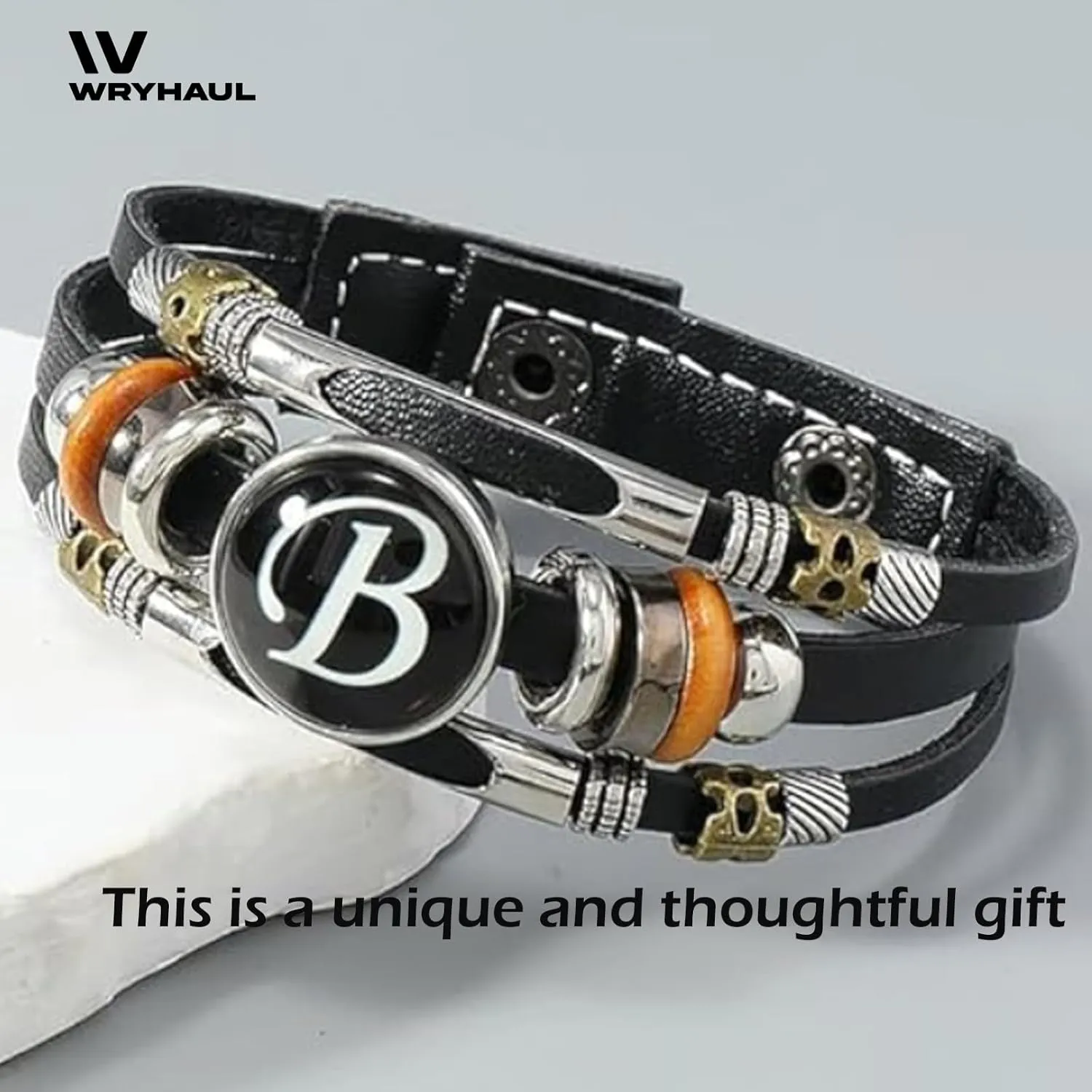 Handmade 26 Letter Leather Bracelet, Black Leather Initial Bracelet with Matching A-Z Letter Pattern, Boho Multilayer Braided Bangle, Personalized Braided Leather Bracelet (M)