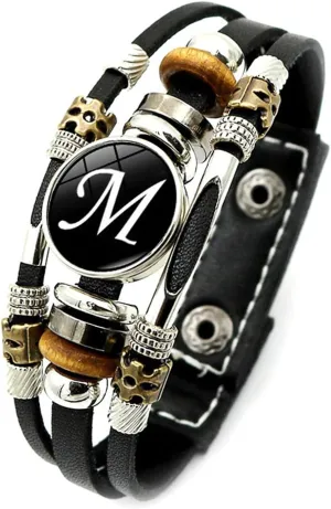 Handmade 26 Letter Leather Bracelet, Black Leather Initial Bracelet with Matching A-Z Letter Pattern, Boho Multilayer Braided Bangle, Personalized Braided Leather Bracelet (M)