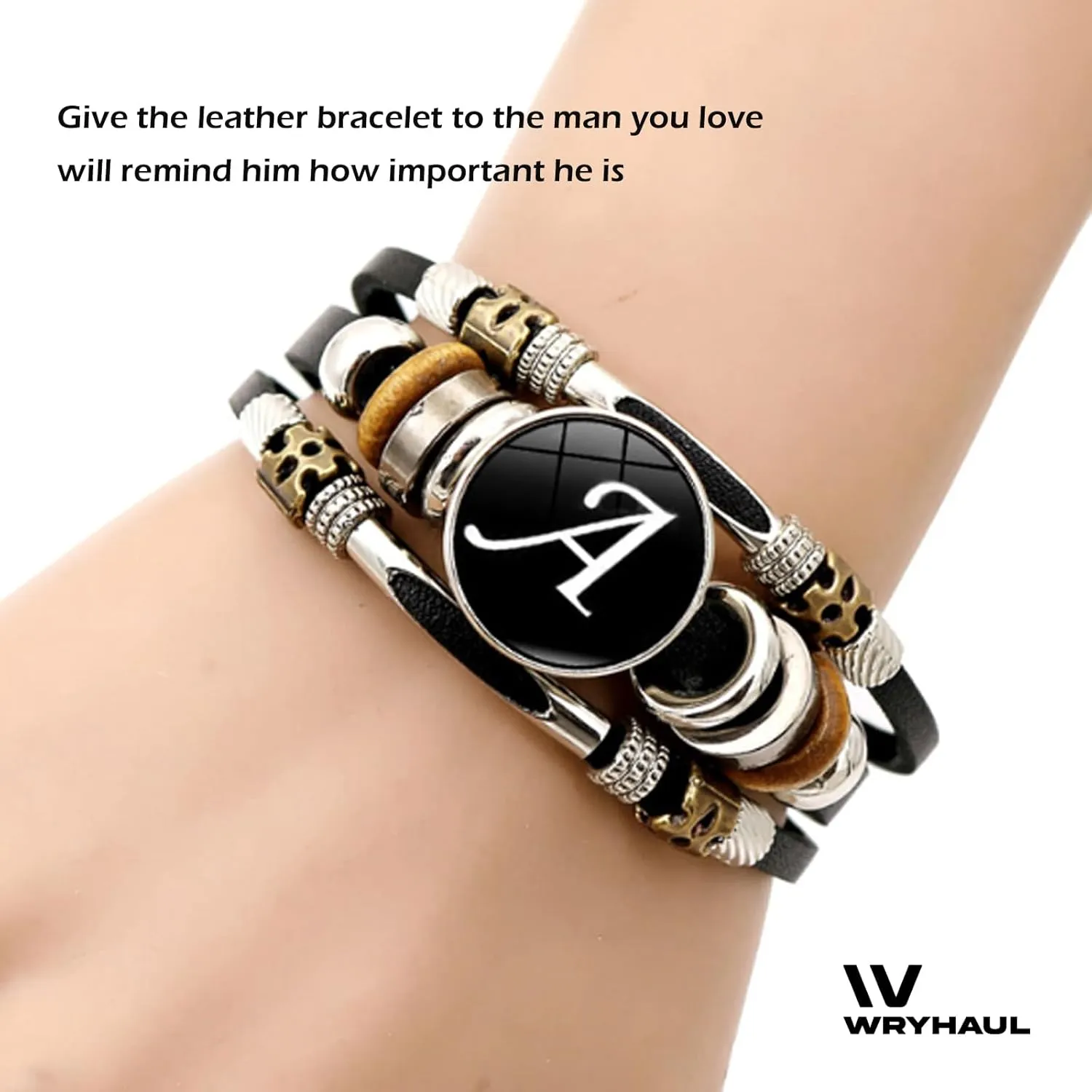 Handmade 26 Letter Leather Bracelet, Black Leather Initial Bracelet with Matching A-Z Letter Pattern, Boho Multilayer Braided Bangle, Personalized Braided Leather Bracelet (M)