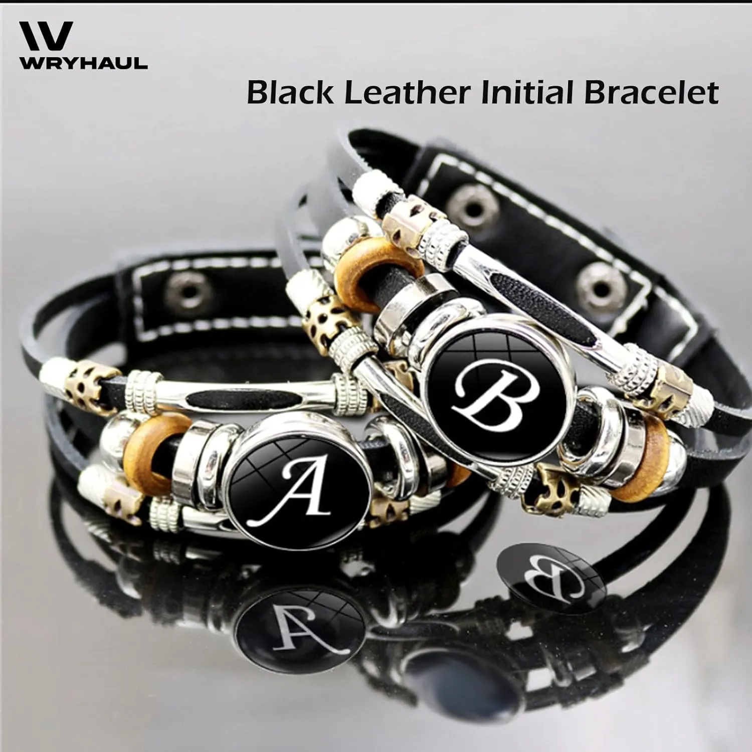 Handmade 26 Letter Leather Bracelet, Black Leather Initial Bracelet with Matching A-Z Letter Pattern, Boho Multilayer Braided Bangle, Personalized Braided Leather Bracelet (M)