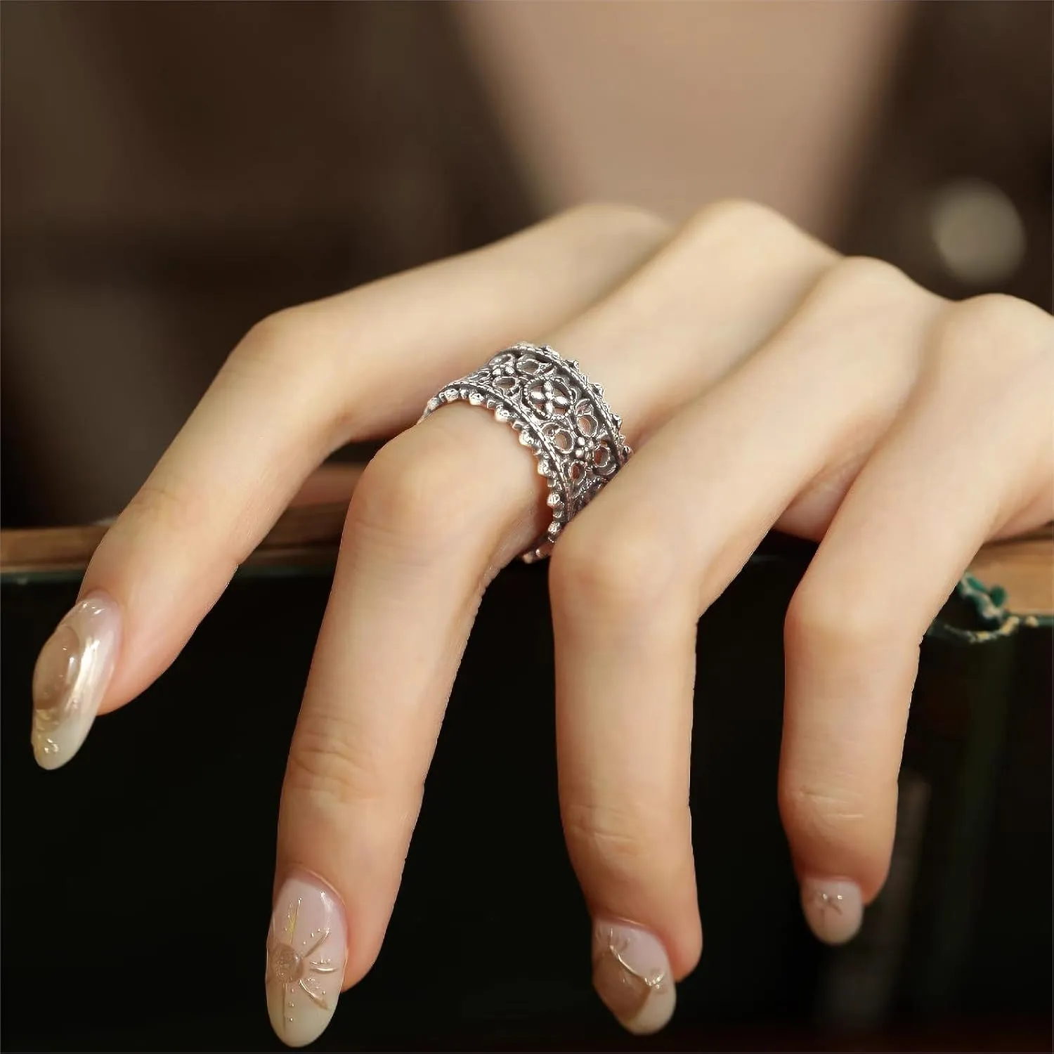 Handmade 925 Sterling Silver Rings For Women Hollow Rings Wide Band Lace Rings Chunky Rings Gothic Crown Ring Open Adjustable Rings Vintage Statement Ring Wrap Finger Rings Fashion Jewelry Gifts