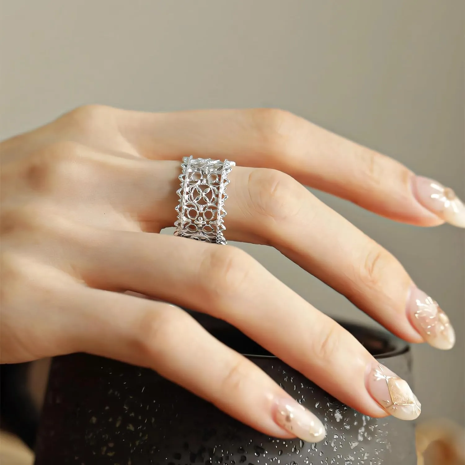 Handmade 925 Sterling Silver Rings For Women Hollow Rings Wide Band Lace Rings Chunky Rings Gothic Crown Ring Open Adjustable Rings Vintage Statement Ring Wrap Finger Rings Fashion Jewelry Gifts