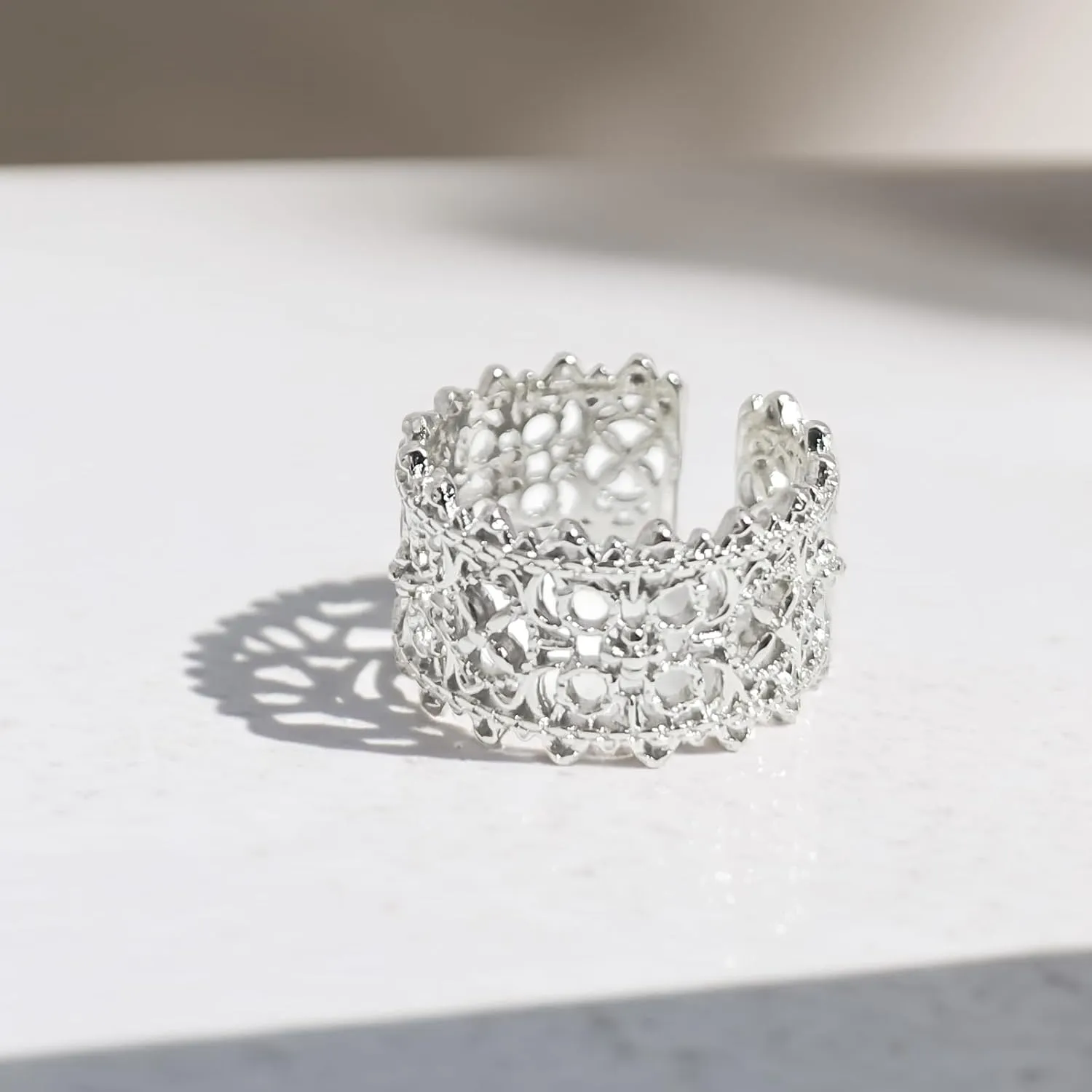 Handmade 925 Sterling Silver Rings For Women Hollow Rings Wide Band Lace Rings Chunky Rings Gothic Crown Ring Open Adjustable Rings Vintage Statement Ring Wrap Finger Rings Fashion Jewelry Gifts