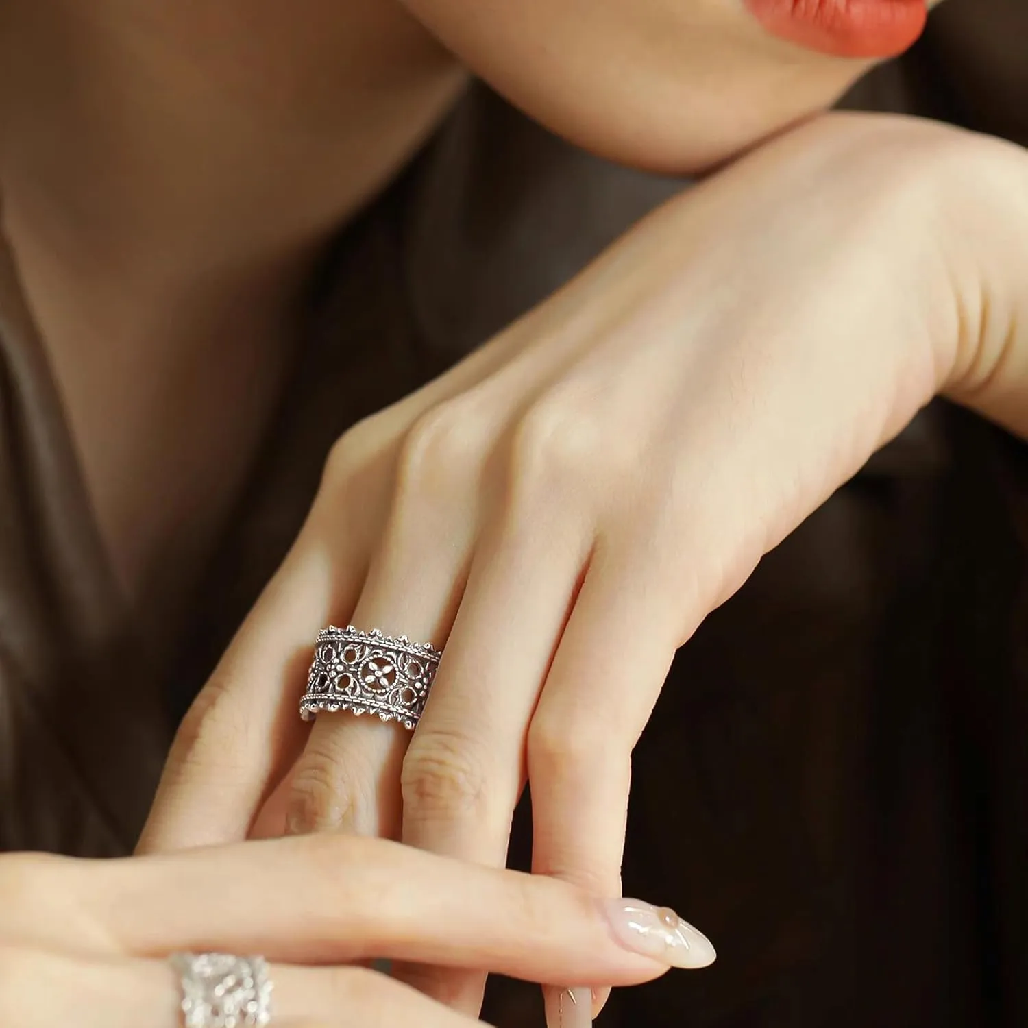 Handmade 925 Sterling Silver Rings For Women Hollow Rings Wide Band Lace Rings Chunky Rings Gothic Crown Ring Open Adjustable Rings Vintage Statement Ring Wrap Finger Rings Fashion Jewelry Gifts