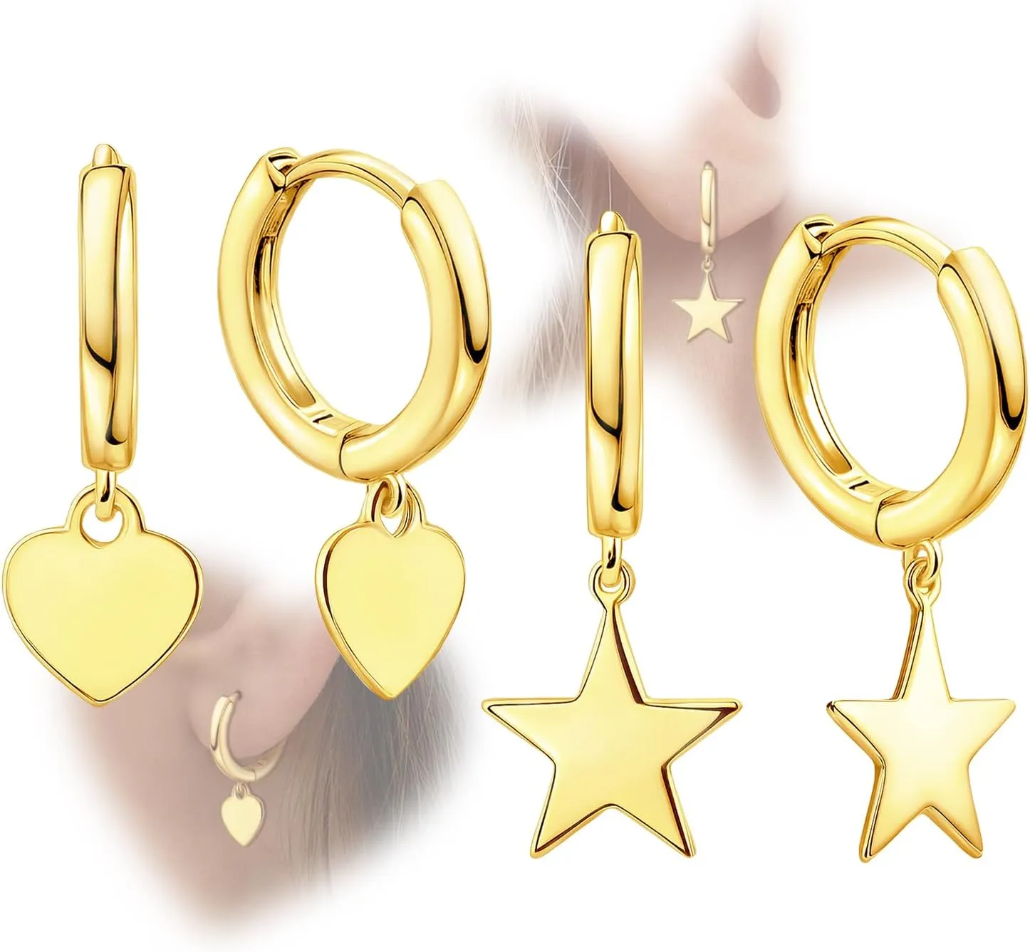 Heart Star Hoop Earrings Set - Sterling Silver Gold Hoop Earrings for Women Hypoallergenic Star-Shaped Loop Earrings Lightweight Dainty Love Heart Hoop Earrings for Ladies Gifts for Christmas Birthday