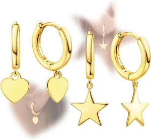 Heart Star Hoop Earrings Set - Sterling Silver Gold Hoop Earrings for Women Hypoallergenic Star-Shaped Loop Earrings Lightweight Dainty Love Heart Hoop Earrings for Ladies Gifts for Christmas Birthday