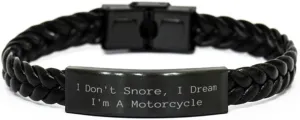 I Don't Snore, I Dream I'm A Motorcycle Braided Leather Bracelet, Dad Present from Son, New Engraved Bracelet for Father, Unique dad, Gift for dad