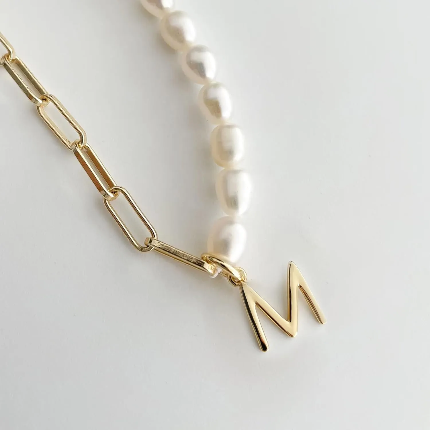 Initial Necklaces for Women 14k Gold Paperclip Chain Necklace Handmade Pearl Letter Charm A-Z Pendant Necklace Gold Jewelry for Women Trendy