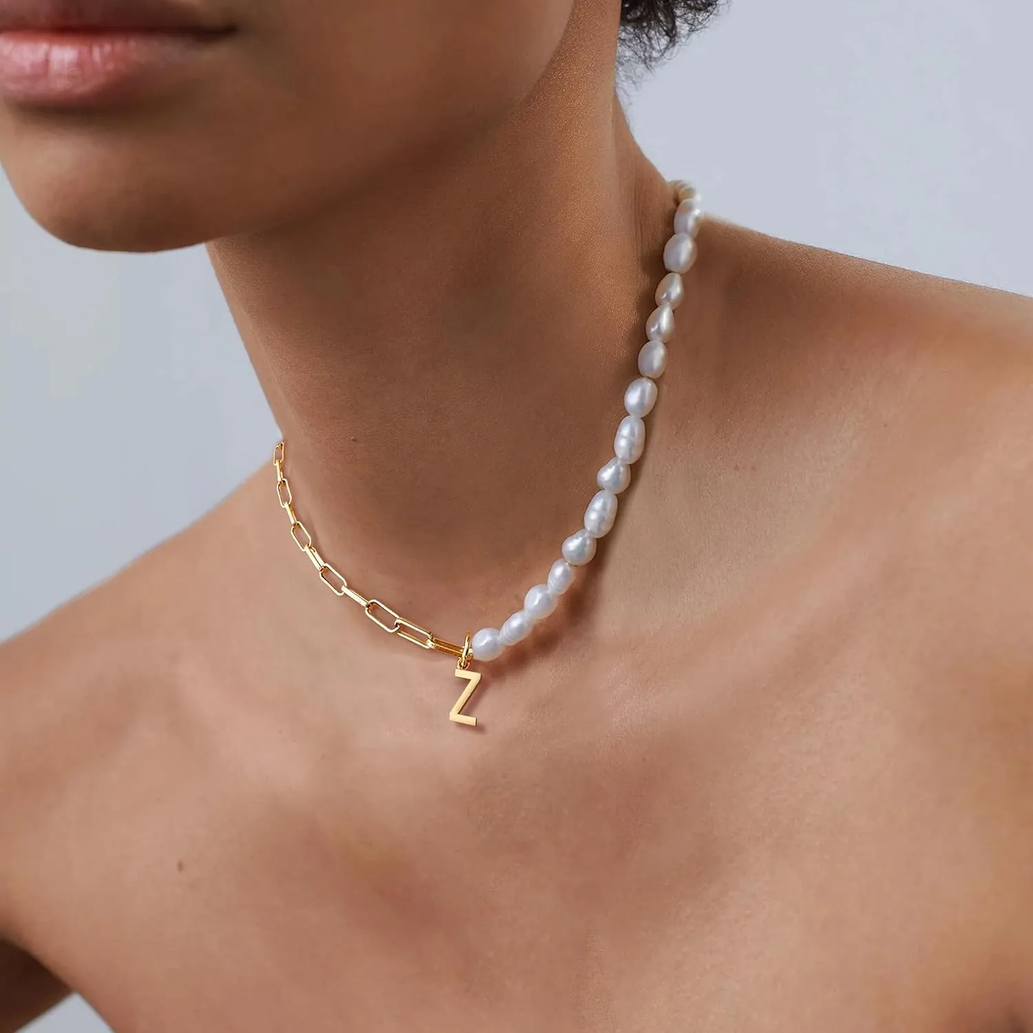 Initial Necklaces for Women 14k Gold Paperclip Chain Necklace Handmade Pearl Letter Charm A-Z Pendant Necklace Gold Jewelry for Women Trendy