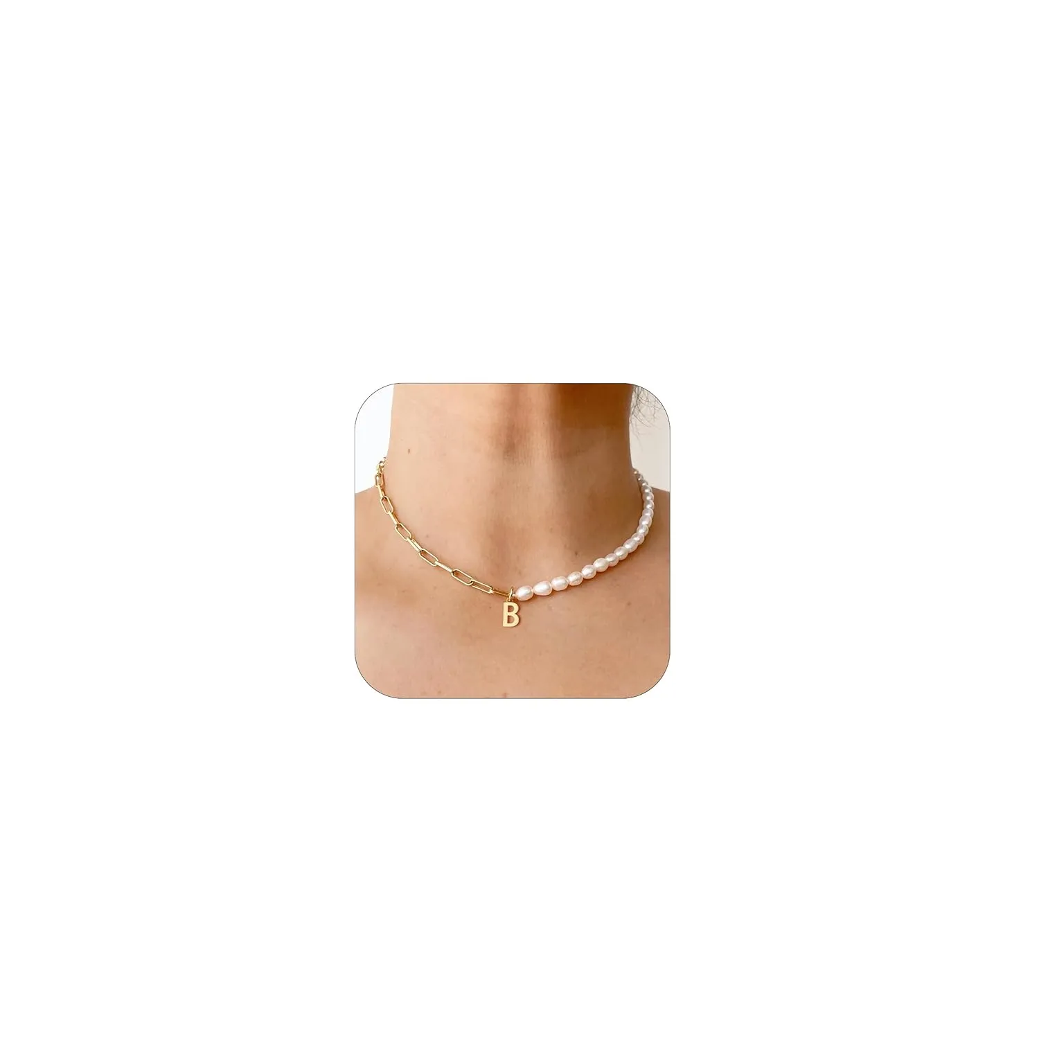 Initial Necklaces for Women 14k Gold Paperclip Chain Necklace Handmade Pearl Letter Charm A-Z Pendant Necklace Gold Jewelry for Women Trendy