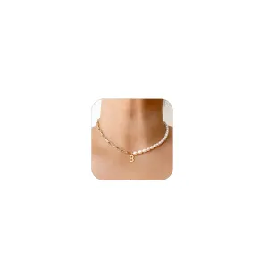 Initial Necklaces for Women 14k Gold Paperclip Chain Necklace Handmade Pearl Letter Charm A-Z Pendant Necklace Gold Jewelry for Women Trendy