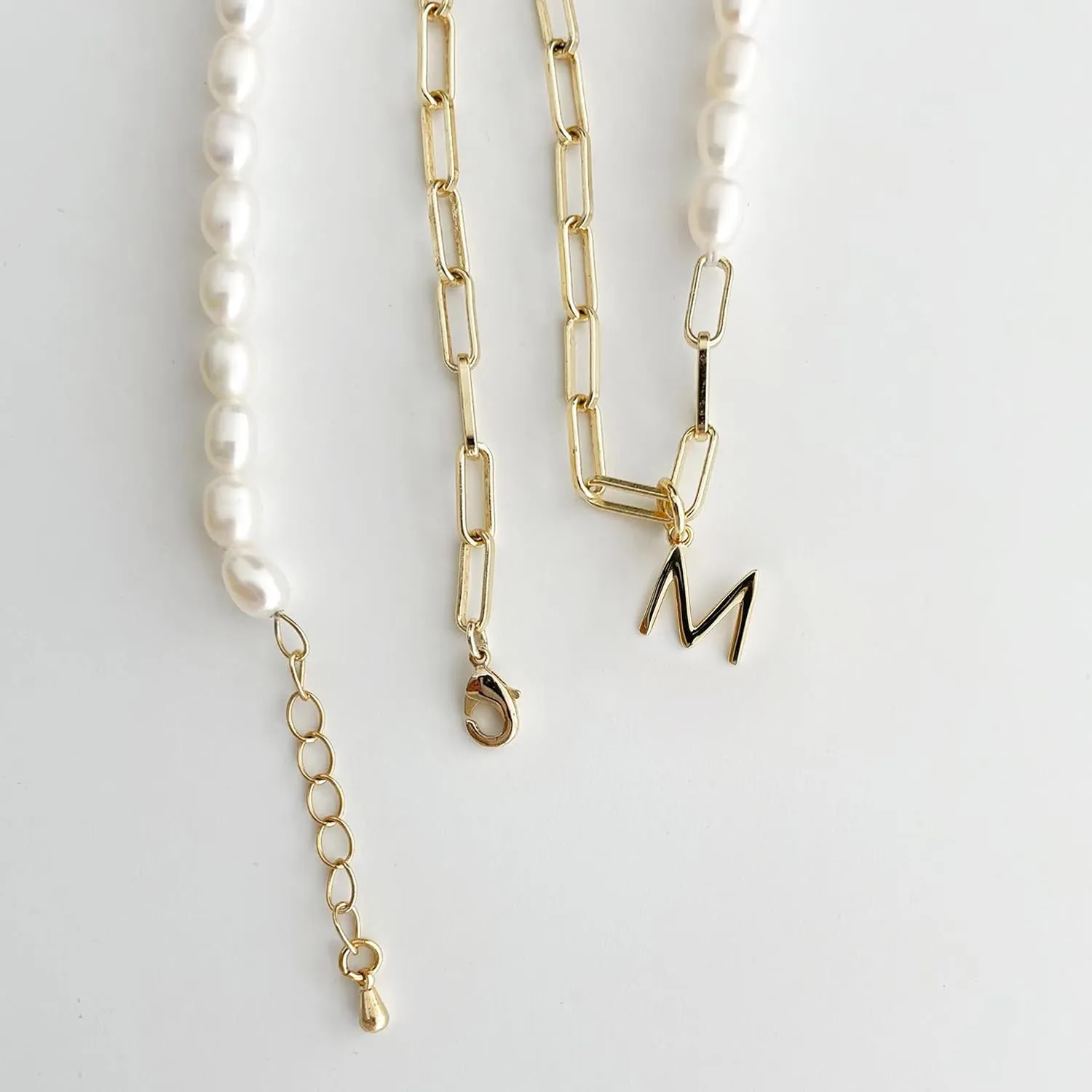 Initial Necklaces for Women 14k Gold Paperclip Chain Necklace Handmade Pearl Letter Charm A-Z Pendant Necklace Gold Jewelry for Women Trendy