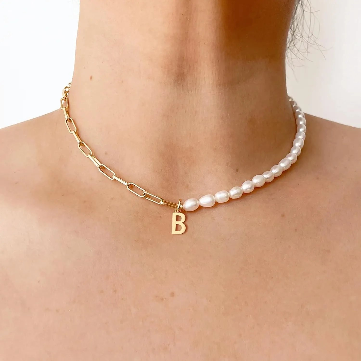 Initial Necklaces for Women 14k Gold Paperclip Chain Necklace Handmade Pearl Letter Charm A-Z Pendant Necklace Gold Jewelry for Women Trendy