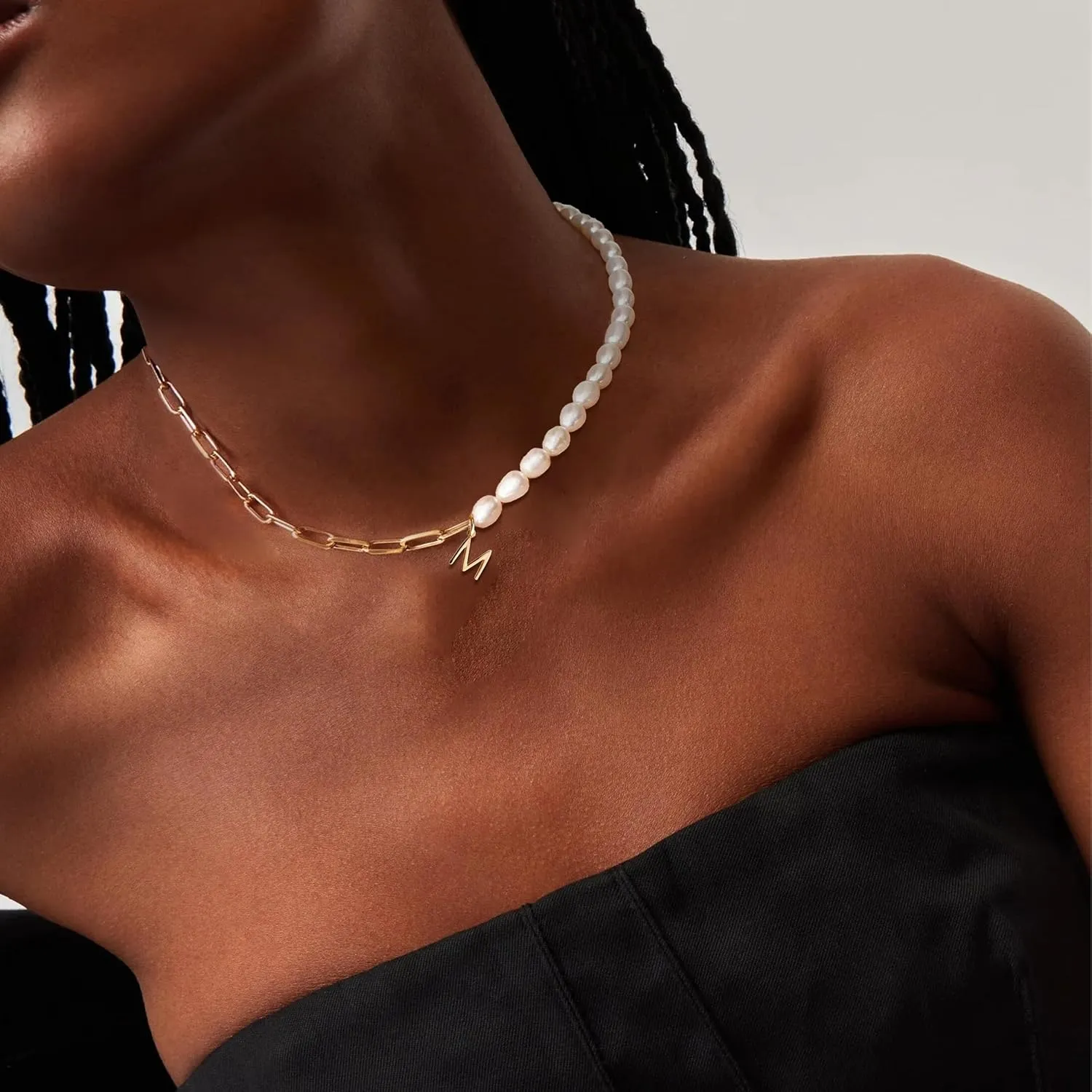 Initial Necklaces for Women 14k Gold Paperclip Chain Necklace Handmade Pearl Letter Charm A-Z Pendant Necklace Gold Jewelry for Women Trendy