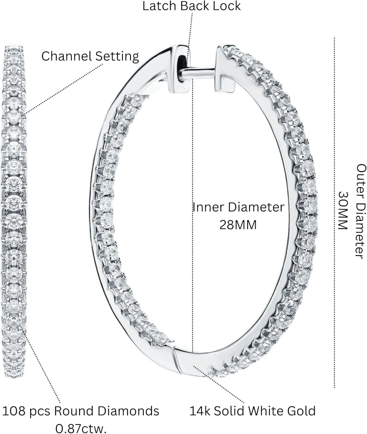 Inside out Diamond (0.87ct) Hoop Earring, Large 30MM Hoop Earrings, Diamond Huggie Hoop Earring, 14K Solid Gold Hoop Earrings, Gift For Her.