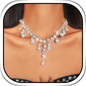 JEAIRTS Rhinestone Choker Necklace Jewelry Silver Pearl Pendant Chain Necklaces for Women
