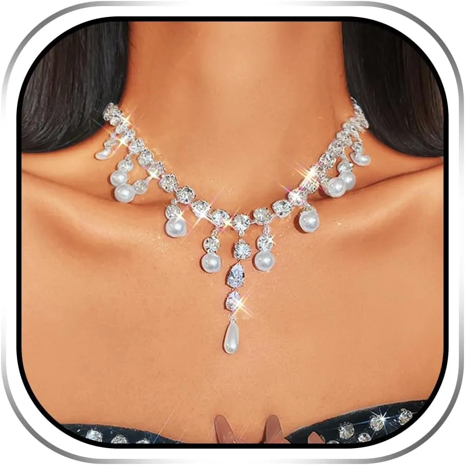 JEAIRTS Rhinestone Choker Necklace Jewelry Silver Pearl Pendant Chain Necklaces for Women