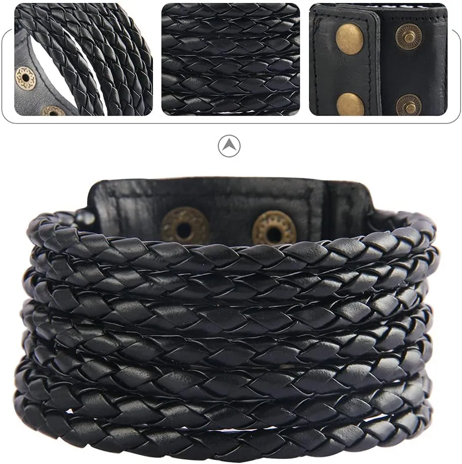 Jeilwiy Punk Leather Wristbands for Men Bracelets Handmade Wide Cuff Bangle Braided Jewelry Black Brown Adjustable - Punk Father's Gifts