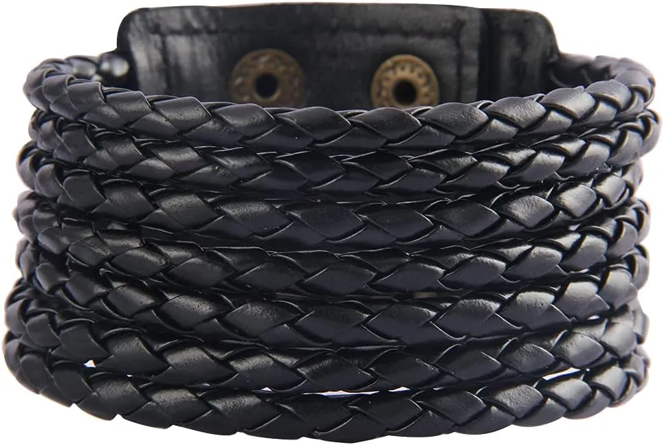 Jeilwiy Punk Leather Wristbands for Men Bracelets Handmade Wide Cuff Bangle Braided Jewelry Black Brown Adjustable - Punk Father's Gifts