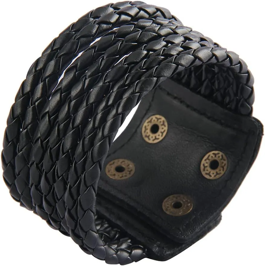 Jeilwiy Punk Leather Wristbands for Men Bracelets Handmade Wide Cuff Bangle Braided Jewelry Black Brown Adjustable - Punk Father's Gifts